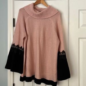 Pink & black bell sleeve sweater with lace